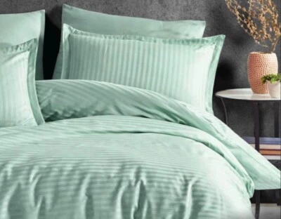 Luxury 100% Cotton Satin Queen Bedding Set Cotton Shine Stripped Mint - Image 1 of 4