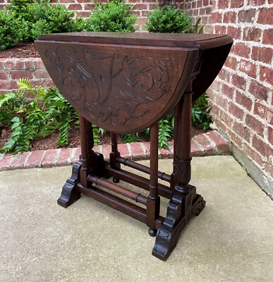 Antique English Table Drop Leaf Gateleg Turned Post Carved Top Trestle Base Oak - Image 1 of 4