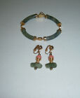 Vintage Chinese Jade 7 Bracelet W Safety Chain And Clip On Earrings