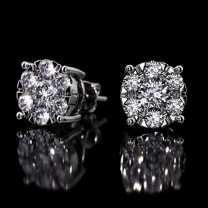 Cluster Round Cut Moissanite Stud Push Back Earrings In 14k White Gold Plated - Picture 1 of 6