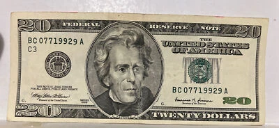 1999 $20 FRN Fancy S# BC 07719929 A, C3 District - Image 1 of 2