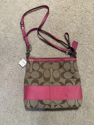 COACH Signature Khaki Tan And Pink Stripe Shoulder Bag Purse Zipper Closure NWT - Image 1 of 4
