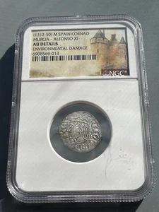 Mittelalter Spanien. Alfonso XI. Murcia, 1312-1150 n. Chr. Billon Cornado NGC AU Details - Bild 1 von 7