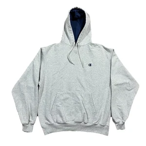 Champion Y2K Gray Hoodie L Navy Lined Hood Embroidered C Logo - Picture 1 of 6