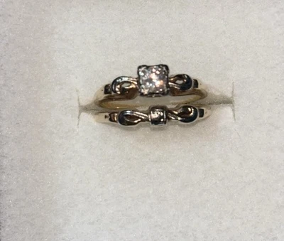 Vintage Bow Themed 14k Gold Diamond Soldered Wedding & Engagement Ring Size 6 - Image 1 of 4