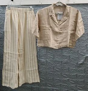 New Sand Cloud Sagar Gauze Crop Shirt Wide Leg Pant Set Tan/Cream Size S/M - Picture 1 of 10
