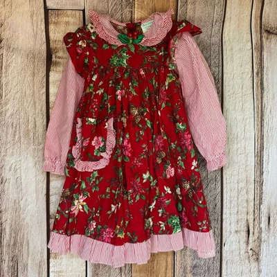 Rare Editions Dress Vintage Girls Christmas Red Floral Striped Cotton Made USA 6 - Image 1 of 4