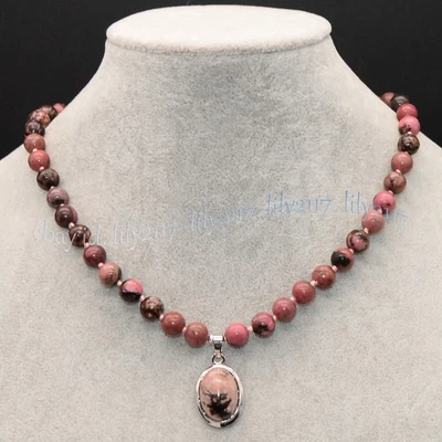 Colar pingente oval de contas redondas de pedra preciosa rodocrosita natural 14-32""6/8/10mm - Imagem 1 de 4