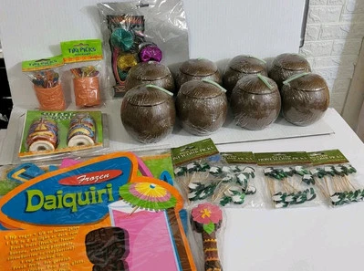 VTG AMSCAN TIKI  PARTY PLASTIC COCONUT CUPS SALT PEPPER TOOTHPICKS WALL LOT ETC. - Image 1 of 4