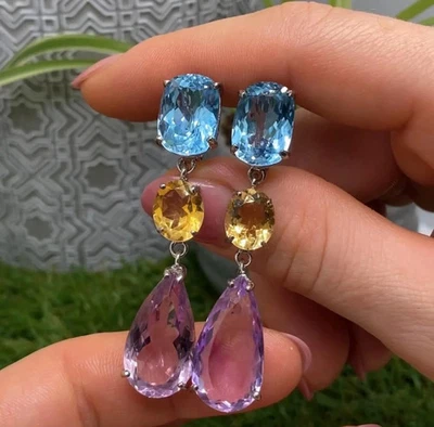 紫黄水晶、黄水晶和蓝色黄玉宝石耳环,纯银 925 — 第 1/4 张图片