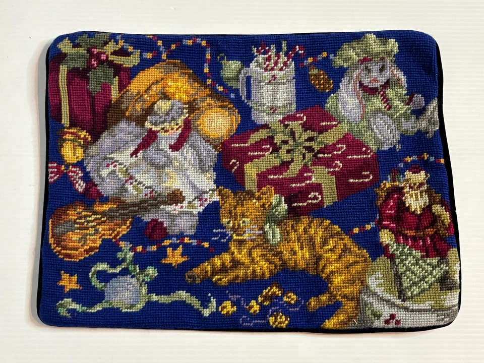 NEW Wool Needlepoint Pillow Cover Christmas Antique Toys Gifts Presents 16 x 12 - Image 1 of 3