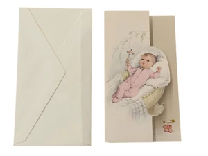 5 BIGLIETTI INVITO AUGURI PARTECIPAZIONI NASCITA BATTESIMO BIMBA CULLA CM 15,5 - Foto 1 di 2