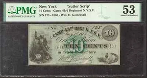 1863 10 CENTS CAMP 43RD REGIMENT NEW YORK SUTLER SCRIP GOMERSALL PMG 53 AU (004) - Picture 1 of 2