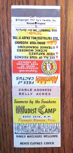 BARE SKIN, NEW MEXICO MATCHBOOK COVER: NUDIST CAMP 1957 EMPTY