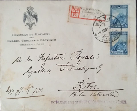 Ottoman Turkey 1928 SCS Consulate Cover sent to  Kotor  with Seal & Labels Cover