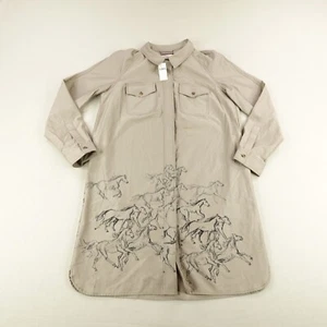 Maeve Anthropologie Dress Womens 12 Beige Horse Print Shirt Button Up Equine ^ - Picture 1 of 16