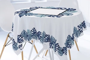 Tablecloths Tropical Cotton Floral White Square Rectangular Palm Leaves Blue - Picture 1 of 5