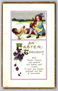 An Easter Thought, Girl, Bunny Rabbit, Chicken, Violets, Antique 1915 Postcard - Picture 1 of 2