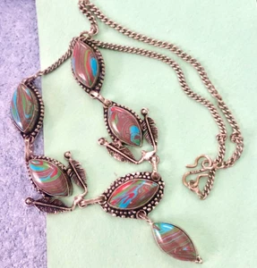 VTG Rainbow CALSILICA Pendant NECKLACE 19" Silver Chain Bezeled Marquise STONES - Picture 1 of 11