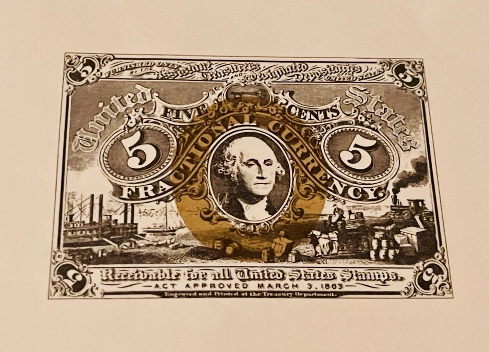 Vintage 5 Cent Fractional Currency, 2nd Issue, BEP Souvenir Card Exact Printing - Image 1 of 3