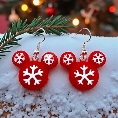 Pendientes colgantes de vacaciones Mickey de resina de copos de nieve rojos Foto 1 de 4