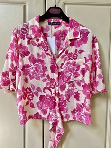 BNWT Mango Short Sleeve Resort Tie-Front Ecru Pink Floral Hawaiian Shirt M 10-12 - Picture 1 of 4