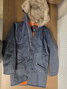 Vintage Snorkler Hong Kong Military Rain Coat Navy Orange Faux Fur Hood - Picture 1 of 11