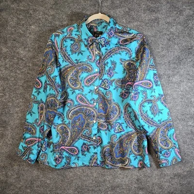 Топ Talbots женский L миниатюрный синий пейсли хлопок на пуговицах ретро офис - Изображение 1 из 4