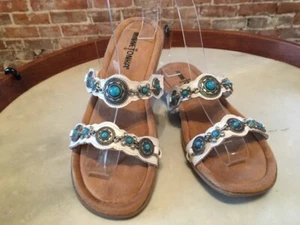 Minnetonka White Leather Turquoise Western Concho Boca Slide III Sandal 5 New - Picture 1 of 3