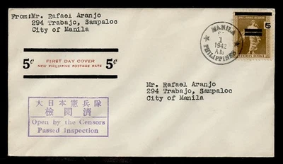 FILIPINAS CENSOR FDC con NUEVOS 5cTASA DE ENVÍO cds MANILA 1942 FKD Sc N4 OCUPACIÓN Foto 1 de 3