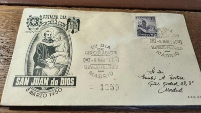 EDIFIL 1050 SAN JUAN DE DIOS. SOBRE PRIMER DIA AÑO 1950 - Imagen 1 de 2