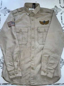NUEVO CON ETIQUETAS EXPRESS Camisa Estilo Militar Algodón/Lino Beige Mediana - Águila 30ª Div. - Imagen 1 de 16