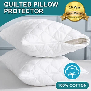 4x Luxury Quilted Pillow Protectors Case Slip Cotton Cover&Filling Anti-Allergy - Picture 1 of 8