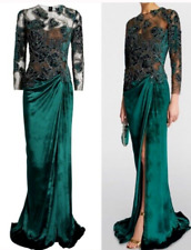 $6,000.00 Marchesa Emerald Green Velvet Beaded Mixed Media Long Gown Dress US 12