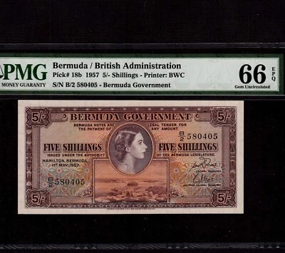 Bermuda 5 Shillings 1957 P-18b * PMG Gem Unc 66 EPQ * Queen Elizabeth * - Image 1 of 4