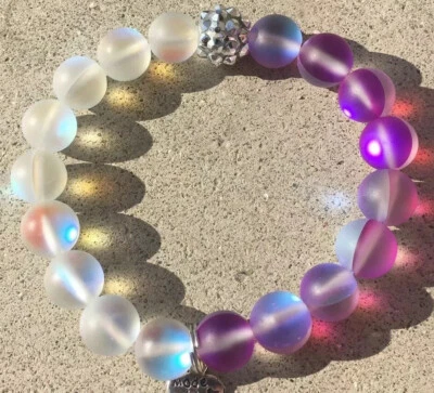 Womens White/Purple Synthetic Opal Stretch Bracelet, Glass Beads, Bling Glowing - Image 1 of 4