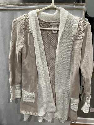 Maxstudio Girl's Beige Tan White Long Sleeve Cardigan Sweater Size L Large 14 - Image 1 of 2