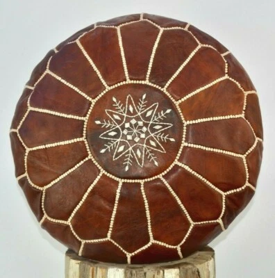 MOROCCAN LEATHER POUFFE FOOTSTOOL OTTOMAN BEANBAG CHESTNUT BROWN **HANDMADE** - Image 1 of 4