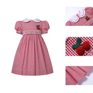 Vintage Girls Holiday Somcked Dresses Red Plaid Cherry Embroidery 2-12 Years - Picture 1 of 13