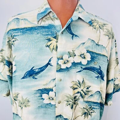 Vtg Campia Moda Hawaiian Aloha L Shirt Dolphins Islands Palm Trees Plumeria - Image 1 of 4