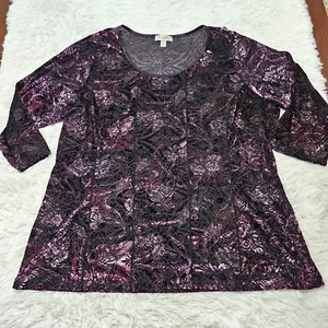 Dressbarn Women's Sz 3X Black Purple Velvet Burnout Witchycore 3/4 Sleeve Blouse - Picture 1 of 7