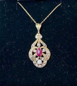 9ct Hallmarked Yellow Gold Diamond and Ruby set Pendant and Chain - Picture 1 of 2