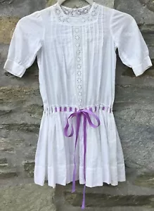 Antique Victorian White Drop Waist Child's /Large Doll Dress Cotton Doll Eyelet - Picture 1 of 22