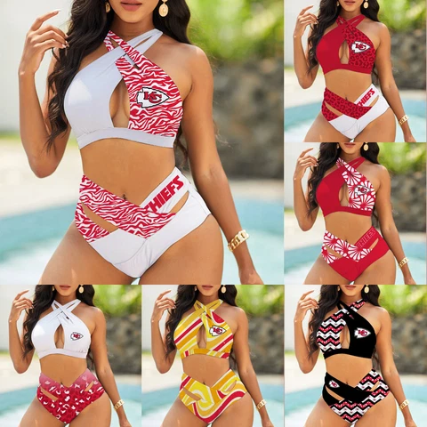 Kansas City Chiefs Womens 2PCS Front Cross Bikini Set High Waist Bathing Suit Cover