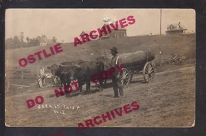 Polar WISCONSIN RPPC 1907 LOGGING SCENE Cow-Cart Wagon TEAMSTER GIANT LOG WI KB - Picture 1 of 3