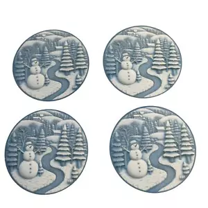 4er Set Runde Untersetzer Schneemann 4 Zoll Weiß Blau Weihnachtsdeko - Bild 1 von 3