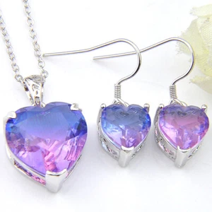 Rainbow Heart Mystical 2 pcs Bi Color Tourmaline Solid Silver Pendant Earrings - Picture 1 of 8