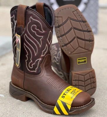 BOTAS DE TRABAJO PARA HOMBRE CON PUNTERA DE ACERO CUADRADA CUERO SUAVE GENUINO VAQUERO BOTAS DE TIRO Foto 1 de 3