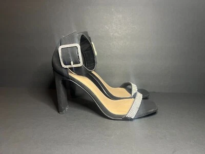 Zapatos de tacón alto Delicious para mujer negros plateados estrás punta abierta correa en el tobillo 8 Foto 1 de 4
