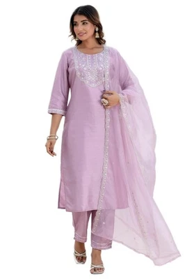 Conjunto de Kurta bordada con pantalón y dupatta de mezcla de seda para mujer Foto 1 de 4